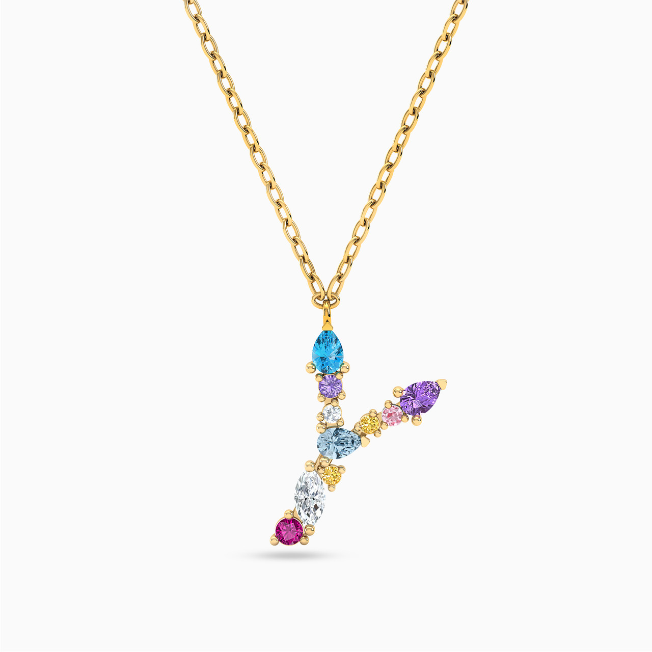 14K Gold Colored Stones Pendant Necklace