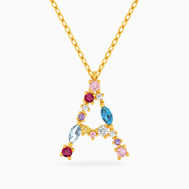 Letter A Colored Stones Necklace in 14K Gold - 102051100292451
