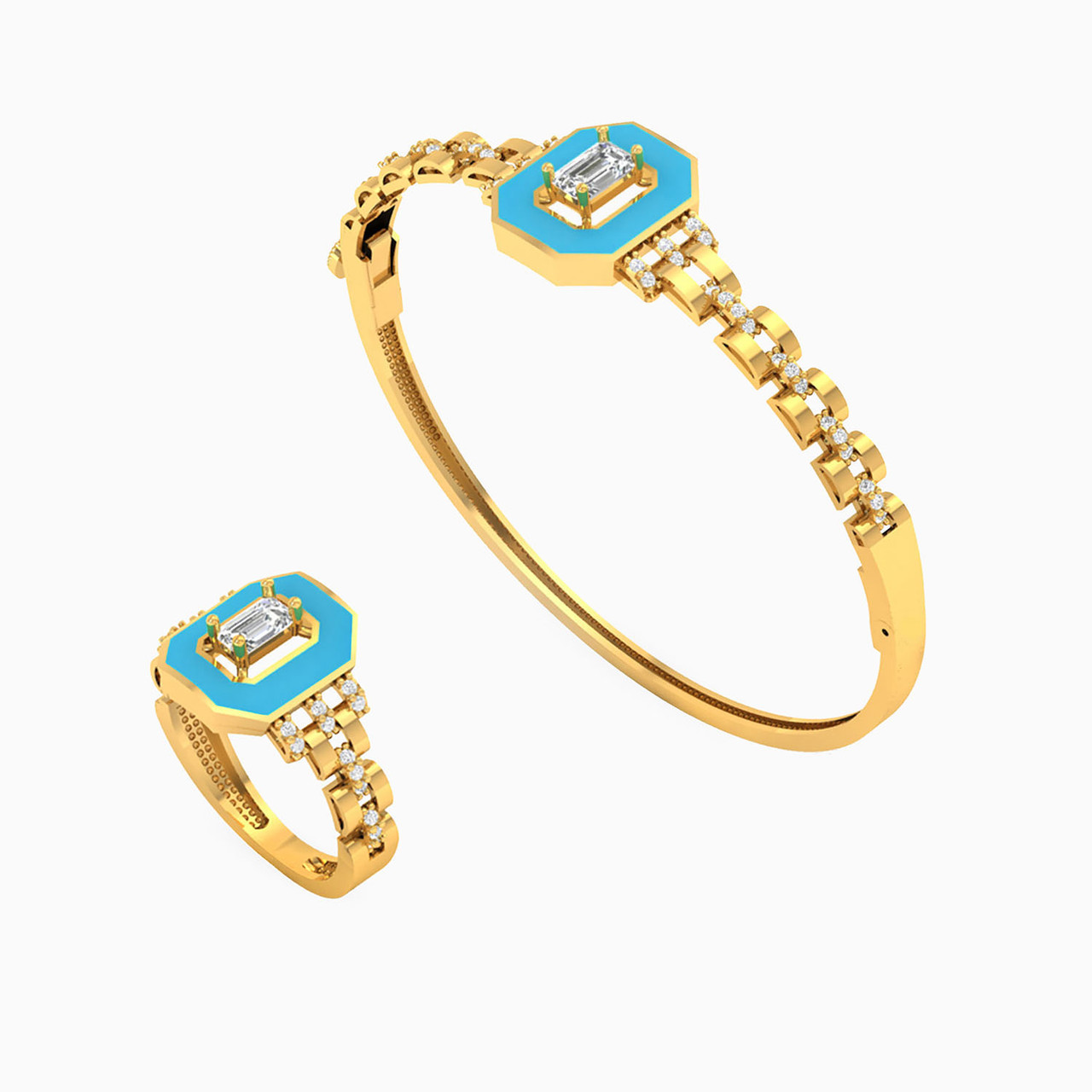 18K Gold Colored Stones & Enamel Coated Bangle & Ring Jewelry Set -2 Pieces