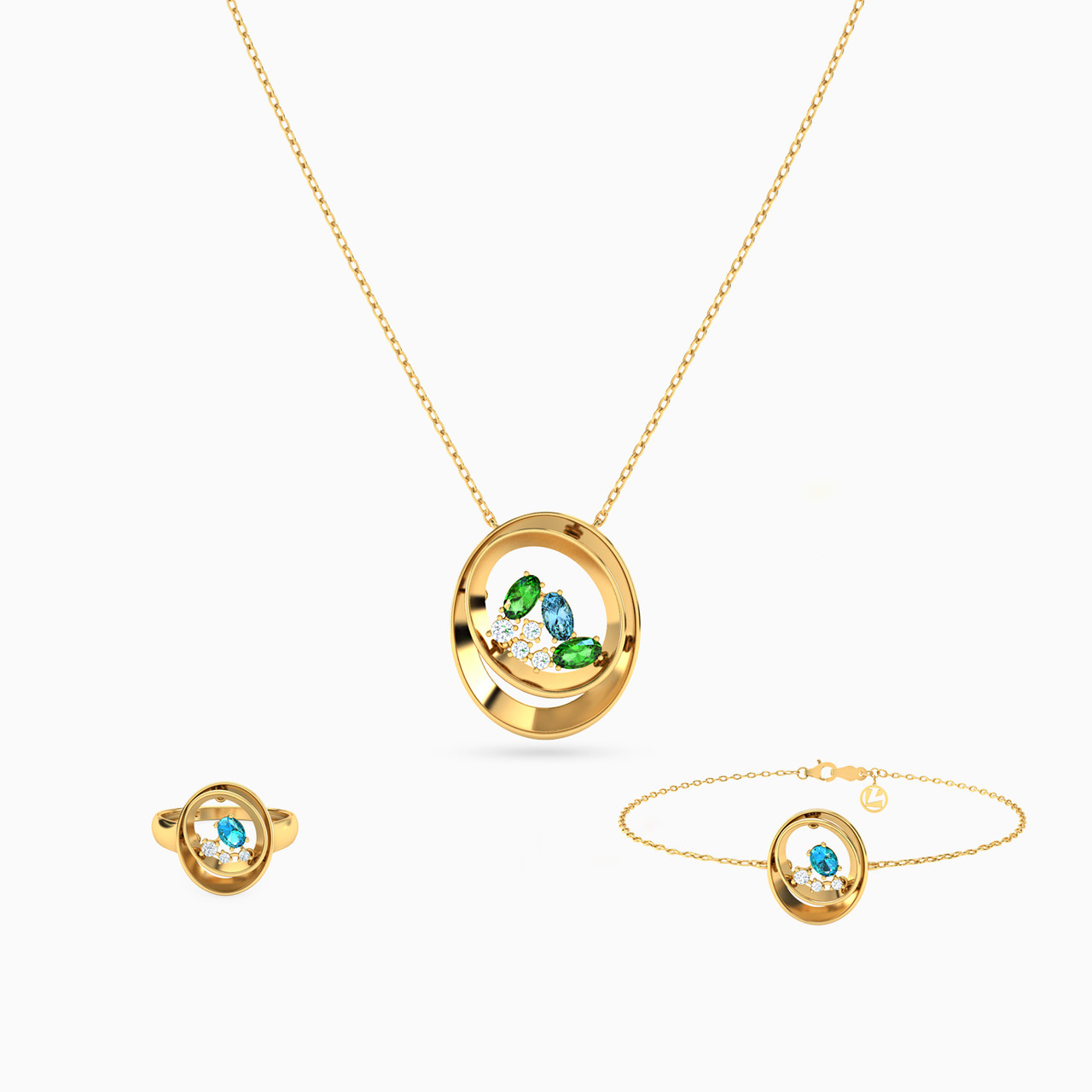 18K Gold Colored Stones Jewelry Set -3 Pieces
