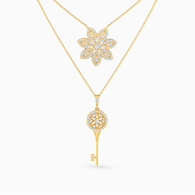 Flower & Key Cubic Zirconia Layered Necklace in 18K Gold - 113051101097451 Flower & Key Cubic Zirconia Layered Necklace in 18K Gold - 113051101097451
