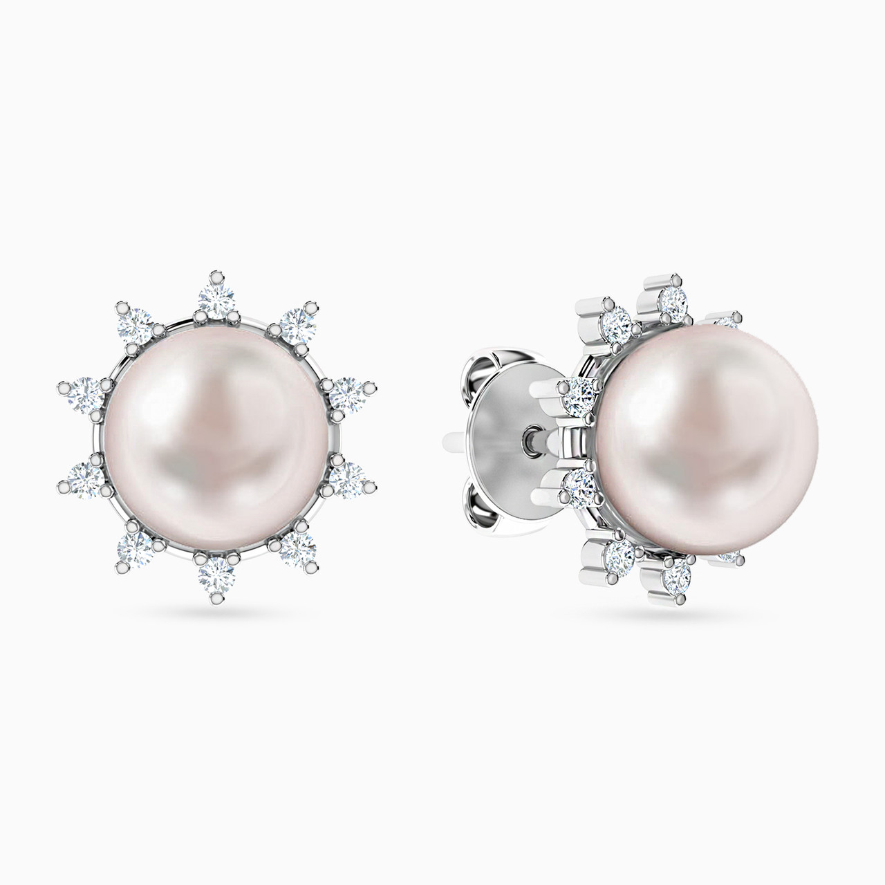 Sun Shaped Diamond & Pearls Stud Earrings in 18K Gold