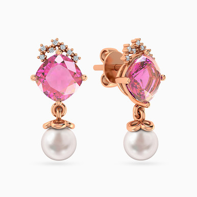 Round Diamond & Pearl Stud Earrings in 18K Gold - 144200301203001