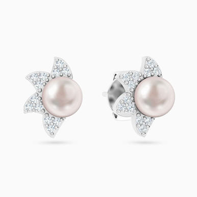 Sun Diamond & Pearl Stud Earrings in 18K Gold - 141201100321001
