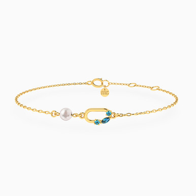 Paperclip Blue Stones & Pearls Chain Bracelet In 18K Gold - 111101800102181