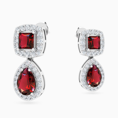 Multishaped Red Stone Drop Earrings In Silver - 167031800151001