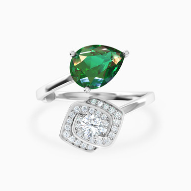 Interlocked Squares & Pear Green Stone & Diamond Bypass Ring in 18K Gold - 144102200551151