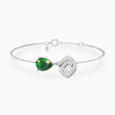 Interlocked Squares & Pear Green Stone & Diamond Chain Bracelet in 18K Gold - 144360302641181