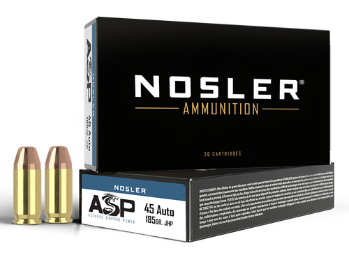Nosler 51271 Assured Stopping Power Handgun 45ACP 185gr Jacketed Hollow Point 50 Per Box/10 Case