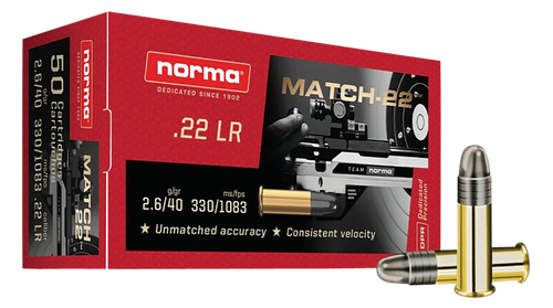 Norma Ammunition 2425076 Dedicated Precision Match 22LR 40gr Lead Round Nose 50 Per Box/100 Case