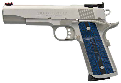 Colt Mfg O5070XE Gold Cup Trophy 45 ACP 8+1 5" Steel Barrel,  Stainless Steel Serrated Slide & Frame w/Beavertail, Competition Blue G10 Grips, Right Hand
