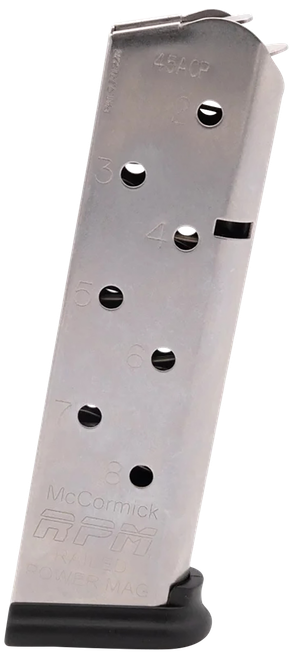 CMC Products 17130 Power Mag Railed 8rd 45 ACP Fits 1911 Government Stainless Steel w/ Black Base Pad