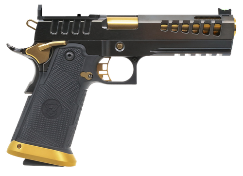 Watchtower Firearms DEMOLITIA9MM5ELITE Demolitia  Full Size Frame 9mm Luger 20+1 5" Gold Plated PVD Ported Barrel, Graphite PVD Optic Cut/Serrated Steel Slide, Graphite PVD Frame, Black Textured Grip
