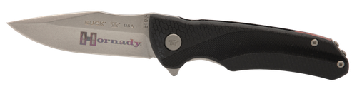 Hornady 99143   Folding Plain Satin w Laser Engraved Logo 420HC SS Blade Black GFN Handle Includes Pocket Clip
