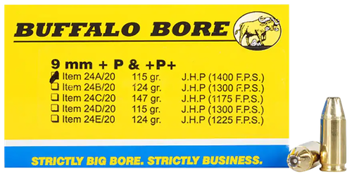 Buffalo Bore Ammunition 24A20 Personal Defense Strictly Business 9mmLuger +P+ 115gr Jacket Hollow Point 20 Per Box/12 Case