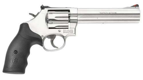 Smith & Wesson 164224 Model 686  357 Mag or 38 S&W Spl +P Stainless Steel 6" Barrel & 6rd Cylinder, Satin Stainless Steel L-Frame,  Red Ramp Front/Adjustable White Outline Rear Sights Internal Lock
