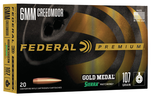 Federal GM6CRDM1 Premium Gold Medal 6mmCreedmoor 107gr Sierra MatchKing BTHP 20 Per Box/10 Case