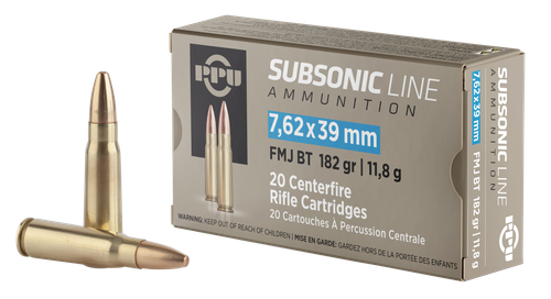 PPU PPS76239 Subsonic  7.62x39mm 182gr Full Metal Jacket Boat Tail 20 Per Box/50 Case