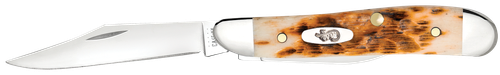 Case 00045 Peanut  2.10"/1.53" Folding Clip Point/Pen Plain Mirror Polished Tru-Sharp SS Blade, Peach Seed Jigged Amber Jigged Bone Handle
