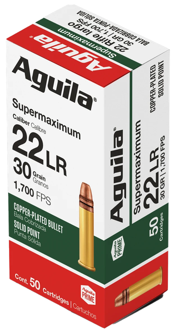 Aguila 1B220298 Supermaximum  22LR 30gr Copper Plated Solid Point 50 Per Box/20 Case