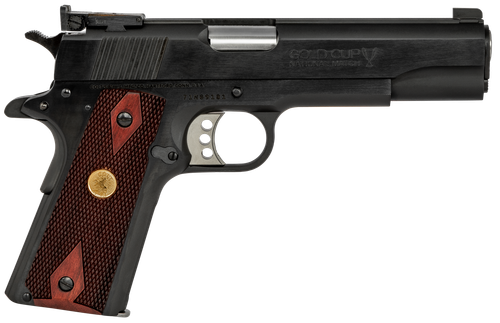 Colt Mfg O5873A1 1911 Gold Cup 38 Super Caliber with 5" National Match Barrel, 9+1 Capacity, Overall Blued Finish Steel, Serrated Slide & Double Diamond Checkered Rosewood Grip