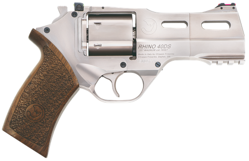 Chiappa Firearms CF340245 Rhino 40SAR *CA Compliant Medium Frame 357 Mag 6 Shot, 4" Nickel-Plated Steel Barrel & Cylinder, Nickel-Plated Aluminum Frame w/Picatinny Rail, Walnut Grip, Concealed Hammer