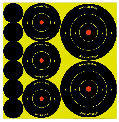 Birchwood Casey 34608 Shoot-N-C Reactive Target Variety Pack Self-Adhesive Paper Black/Yellow Bullseye 132 Pack