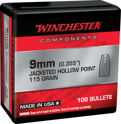 Winchester Ammo WB9JHP115X Centerfire Handgun Reloading 9mm 115gr Jacketed Hollow Point 100 Per Box/10 Case