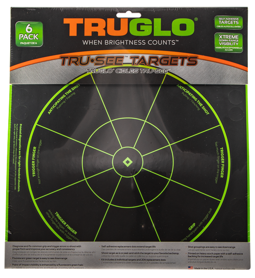 TruGlo TG15A6 Tru-See Handgun Diagnostic Self-Adhesive Heavy Paper Black/Green 12"x12" Bullseye 6 Pack