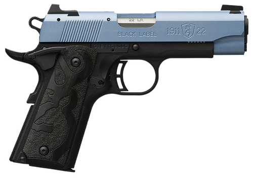 Browning 051898490 1911 Black Label Compact Frame 22 LR 10+1, 3.63" Matte Stainless Steel Barrel, Polar Blue Cerakote Serrated Slide, Matte Black Polymer Frame w/Beavertail, Black Laminate Wood Grip