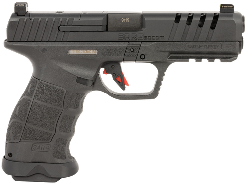 SAR USA SAR9SOCOMBL SAR9 SOCOM 9mm Luger 21+1 5.20" Black Steel Barrel, Black Steel Optic Ready/Ported/Serrated Slide, Black Polymer Frame w/Picatinny Rail, Interchangeable Backstrap Grip, Right Hand