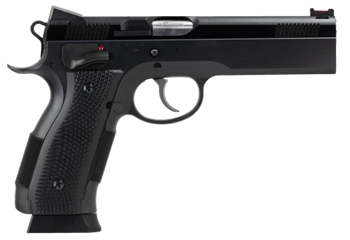 CZ-USA 91731 A01-LD  Full Size Frame 9mm Luger 19+1 4.93" Black Match Grade Bull Barrel, Blued Serrated Steel Slide, Blued Steel Frame w/Beavertail, Black Checkered Polymer Grip