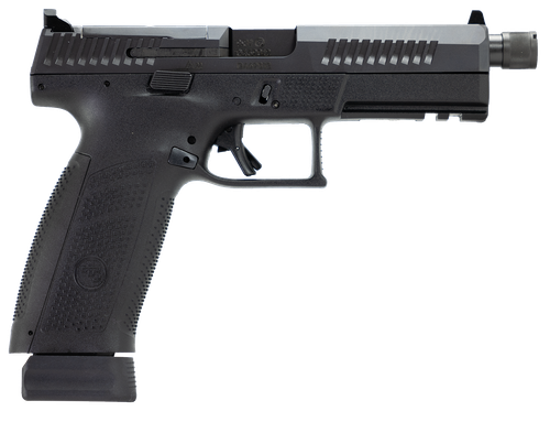 CZ-USA 91556 P-10 F  9mm Luger 21+1 5.10" Black Threaded Barrel, Black Nitride Steel Optic Ready/Serrated Slide, Black Polymer Frame w/Picatinny Rail, Interchangeable Backstrap Grip, Ambidextrous