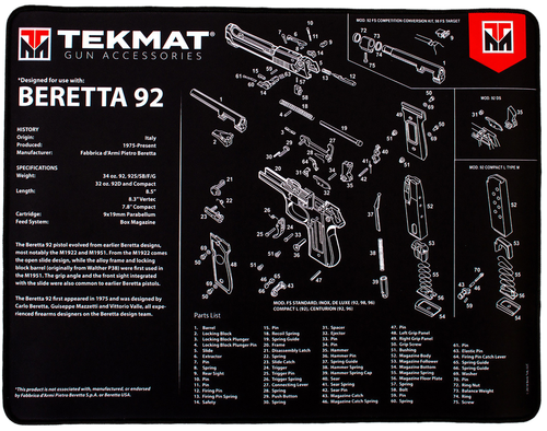 TekMat TEKR20BER92 Beretta 92 Ultra 20 Cleaning Mat Black/White Rubber 15"x20" Beretta 92 Parts Diagram