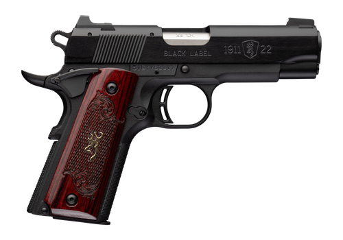 Browning 051070490 1911 Black Label Medallion Compact 22 LR 10+1 3.63" Matte Stainless Barrel, Black Anodized Aluminum Serrated Slide, Matte Black Polymer Frame w/Beavertail, Rosewood w/Gold BuckMark