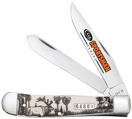 Case 81222 Trapper Sportsman Folding Clip Point/Spey Plain Mirror Polished Tru-Sharp SS Blade/Elk Embellished Natural Bone Handle