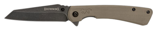 Browning 3220512 Branded Rock  EDC 3" Folding Wharncliffe Plain Black Stonewashed 7Cr17MoV SS Blade, Flat Dark Earth G10 Handle
