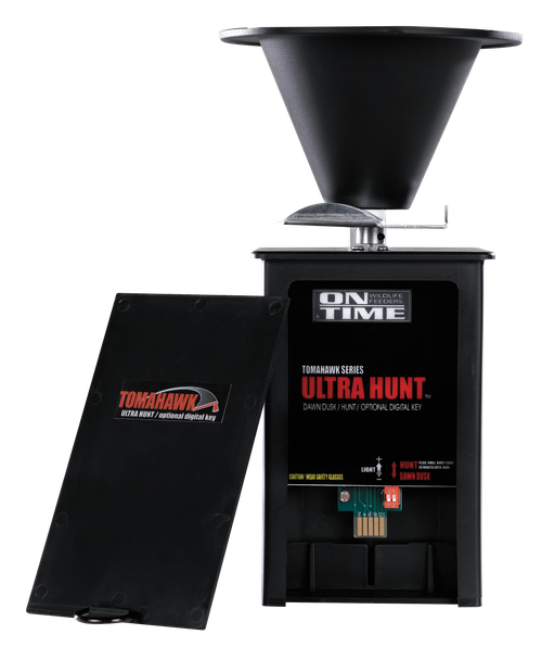On Time 43005 Tomahawk Ultra Hunt Feeder Black Waterproof High-Impact Composite, Heavy Duty Motor, Dawn-Dusk Mode Operation, 4 Feed Times with 1-20 Second Duration, Universal Mount