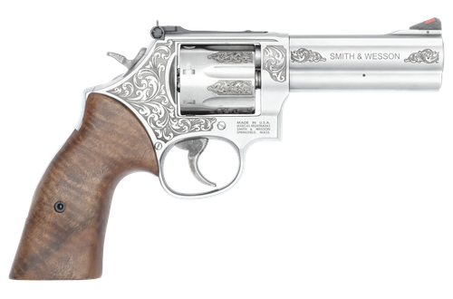 Smith & Wesson 14783 Model 686 +  L-Frame Medium 357 Mag/38 Special +P 7 Shot 4.13" Stainless Steel Engraved Barrel, Cylinder & Frame, Tyler Gun Works Bear Hugger Walnut Grip, Exposed Hammer