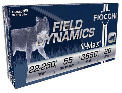 Fiocchi 22250HVD Field Dynamics  22-250Rem 55gr Hornady V Max 20 Per Box/10 Case