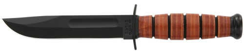 Ka-Bar 1250 Short USMC 5.25" Fixed Clip Point Plain Black 1095 Cro-Van Blade, Brown Leather Handle, Includes Sheath