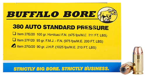 Buffalo Bore Ammunition 27G20 Standard Pressure Strictly Business 380ACP 90gr Jacket Hollow Point 20 Per Box/12 Case