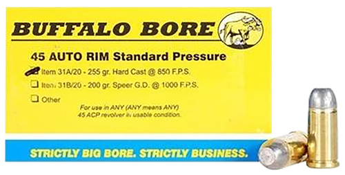 Buffalo Bore Ammunition 31A20 Standard Pressure Strictly Business 45Auto Rim 255gr Hard Cast Flat Nose 20 Per Box/12 Case