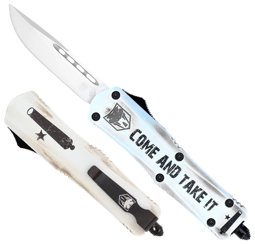 CobraTec Knives SCATIFS3DNS FS-3 Come And Take It Small 3" OTF Drop Point Plain D2 Steel Blade 4.50" White "Come And Take It" Aluminum Cerakoted Handle Includes Glass Breaker/Pocket Clip