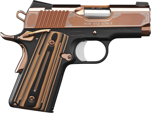 Kimber Mfg, Inc 3200373 Ultra II  45 ACP 7+1 3" Stainless Match Grade Barrel, Engraved Rose Gold PVD Serrated Stainless Steel Slide, Kimpro II Black Aluminum Frame w/Beavertail, G10 Grip