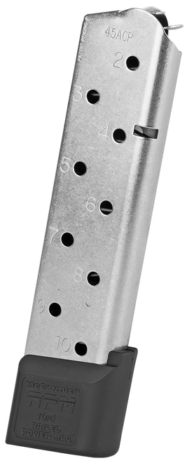CMC Products 17150 Power Mag Railed 10rd 45 ACP Fits 1911 Government Stainless Steel w/ Black Base Pad