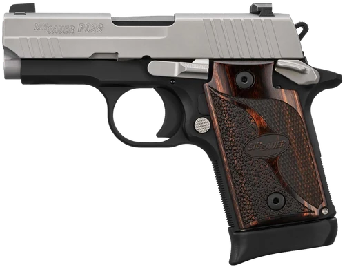 Sig Sauer 9389TXR3AMBI P938  Micro-Compact Frame 9mm Luger 6+1/7+1 3" Black Steel Barrel, Bead Blast Serrated Stainless Steel Slide, Black Anodized Aluminum Frame w/Beavertail, Rosewood Hogue Grip