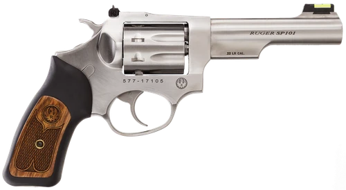 Ruger 5765 SP101  22 LR 8rd 4.20" Satin Stainless Steel Barrel, Cylinder & Frame, Black Rubber w/Wood Insert Grip, Transfer Bar Safety, Exposed Hammer