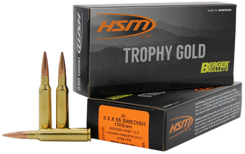 HSM 65X55130VLD Trophy Gold Extended Range 6.5x55 Swedish 130 gr Berger Hunting VLD Match 20 Per Box/ 25 Case