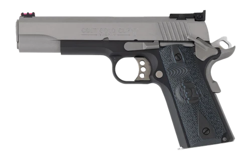 Colt Mfg O5973GCL-TT Gold Cup 38 Super 9+1 5" Stainless National Match Barrel, Brushed Stainless Steel Serrated Slide, Black/Stainless Steel Frame w/Beavertail, Blue Scalloped G10 Grip, Ambidextrous
